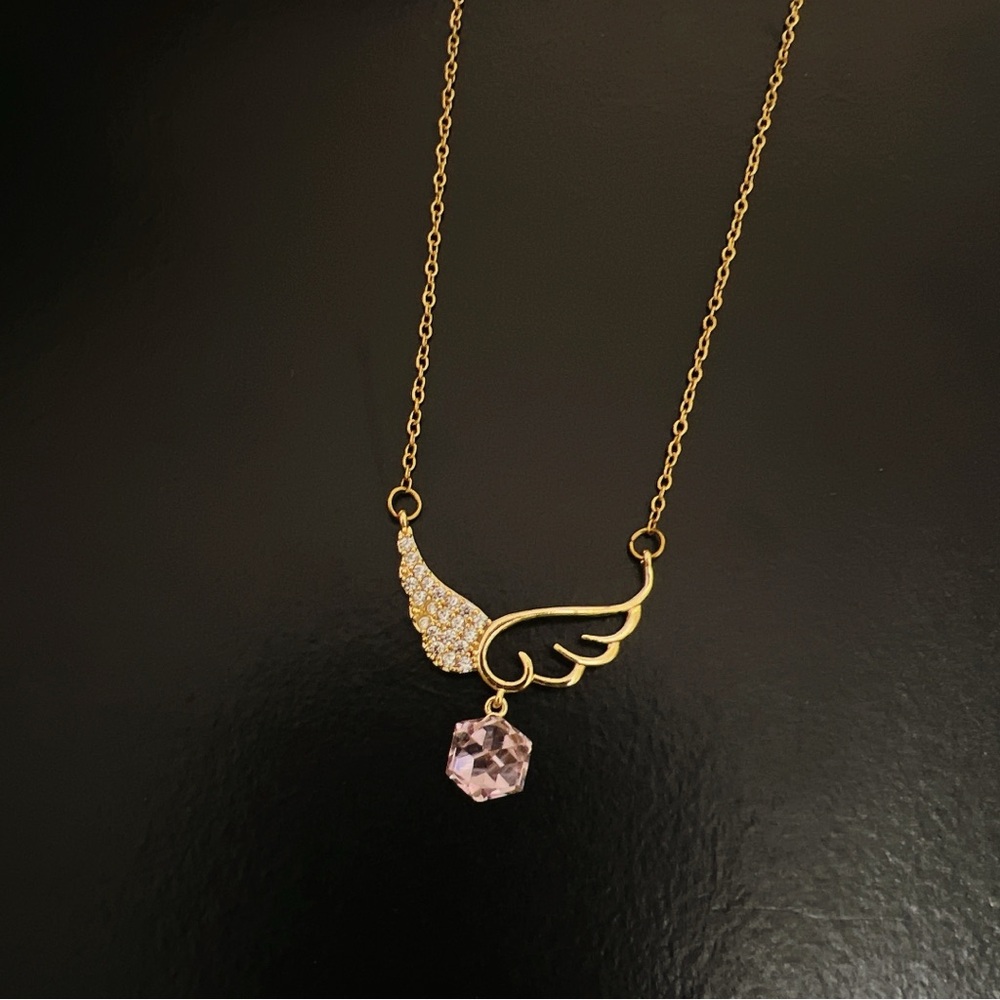 Angle Wing With Dangle Pink Stone Cube Necklace - image 6